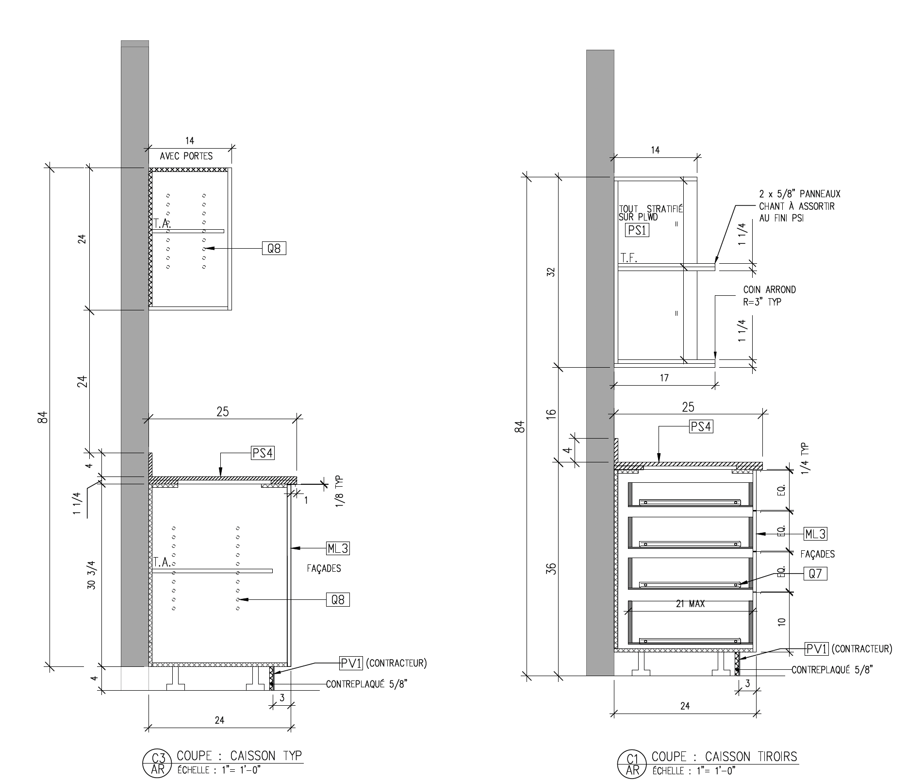 Typical cabinet and drawer sections